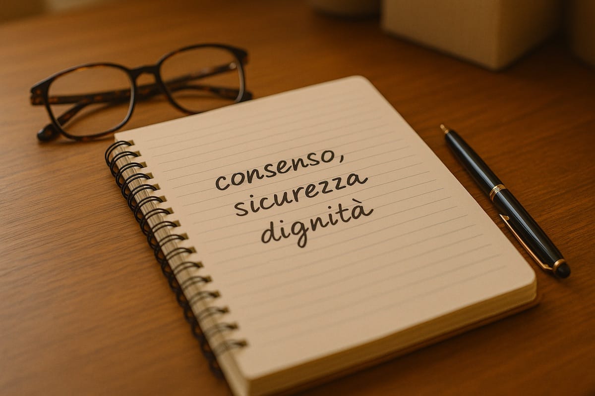 Taccuino con la scritta ‘consenso, sicurezza, dignità’ accanto a occhiali e penna, ambiente caldo e professionale